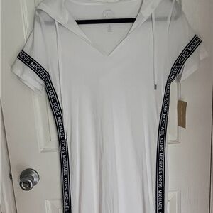 Michael Kors NWT Swim Cover Up White Hooded V-Neck Tee Dress Black Logo Tape M